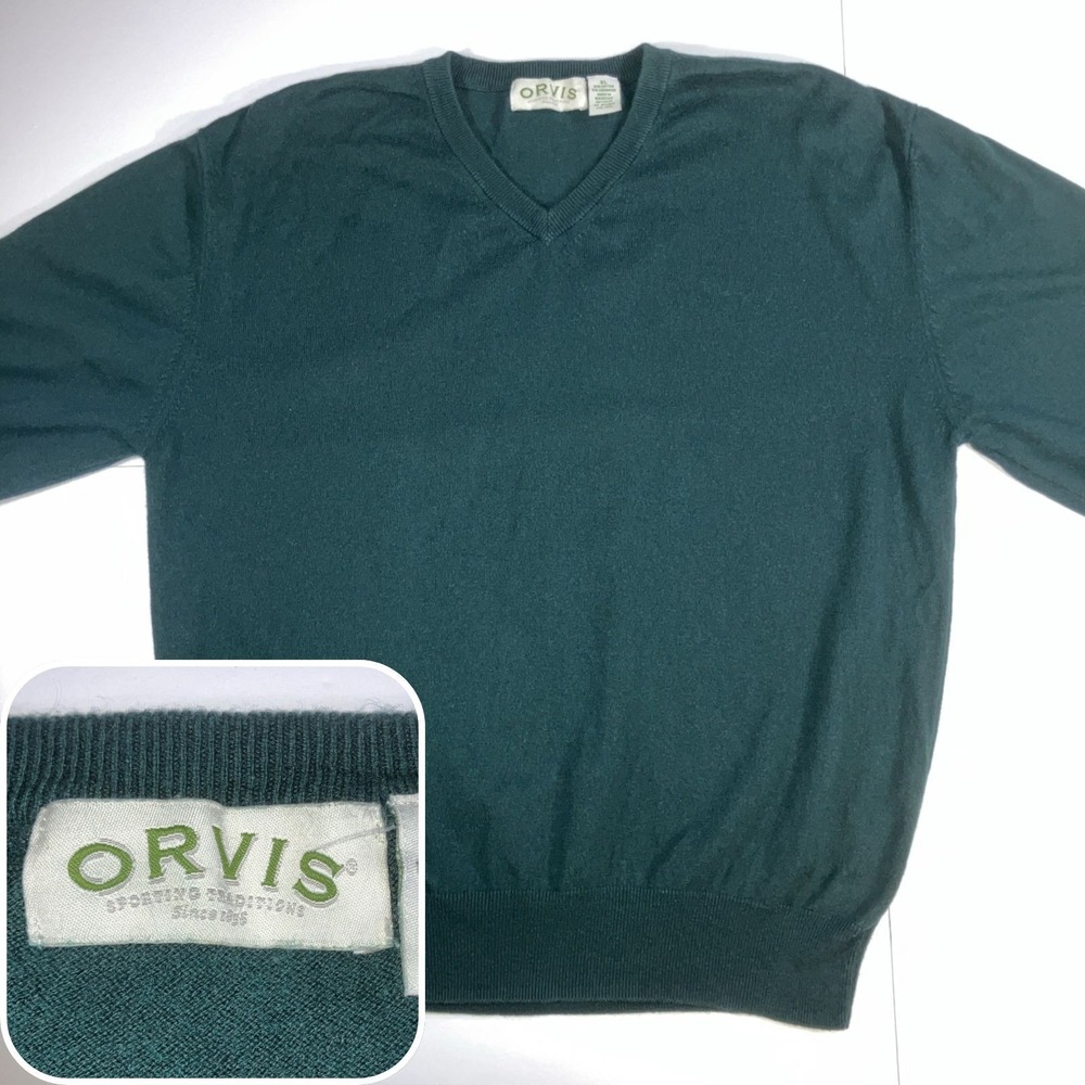 Orvis Sweater Mens XL Green V Neck Cashmere Cotton Blend Long Sleeve Pullover